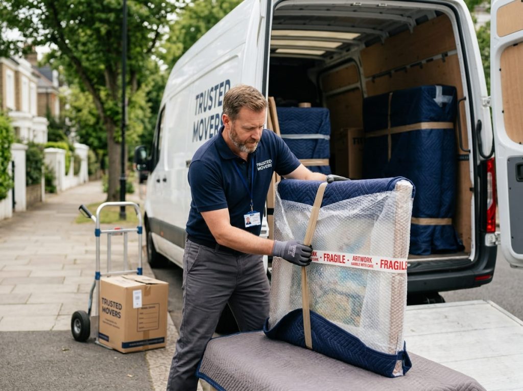 A mover carefully wrapping a fragile high value item beside a removals van, illustrating insurance and protected handling in London removals.
