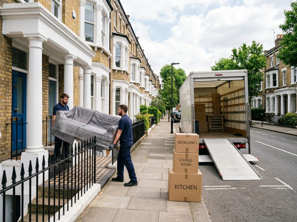 A man and van team loading wrapped furniture and labelled moving boxes into a Luton van outside a Fulham SW6 terraced property.