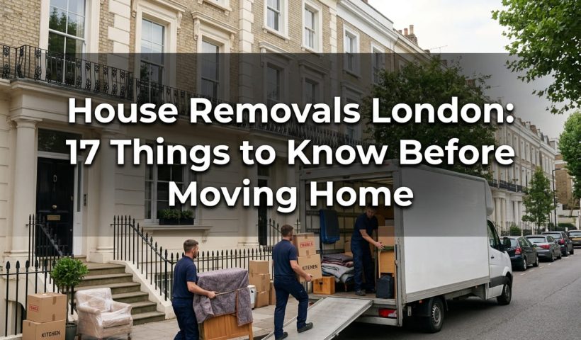 House removals London featured banner showing a removals crew loading furniture and boxes outside a London family home.