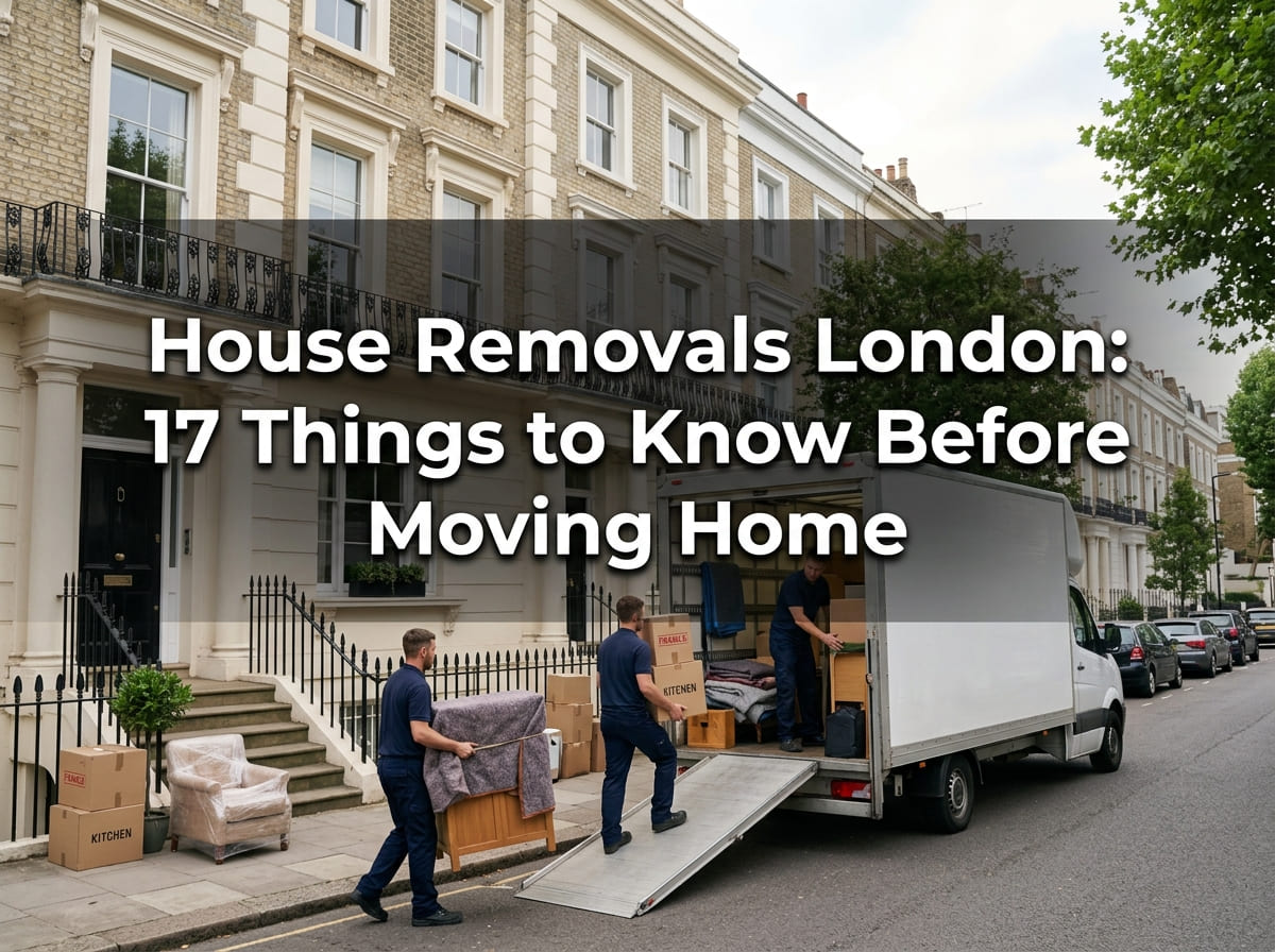 House removals London featured banner showing a removals crew loading furniture and boxes outside a London family home.