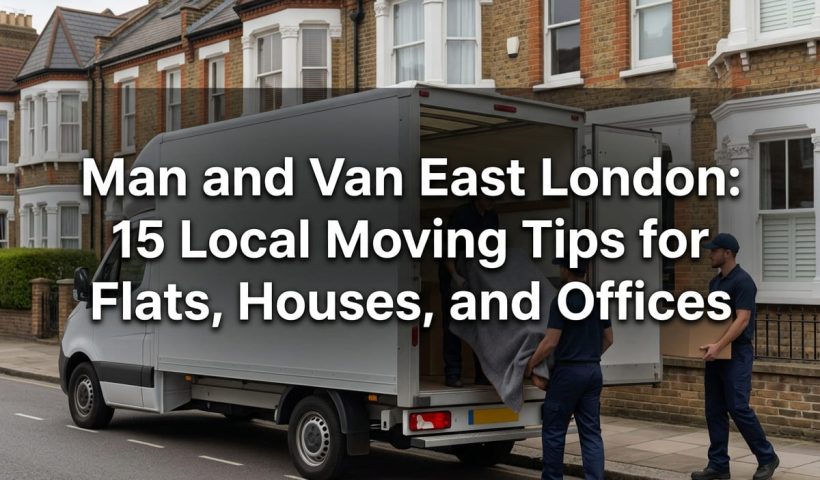 Man and van East London featured banner showing a plain Luton van and uniformed movers on a terraced East London street.