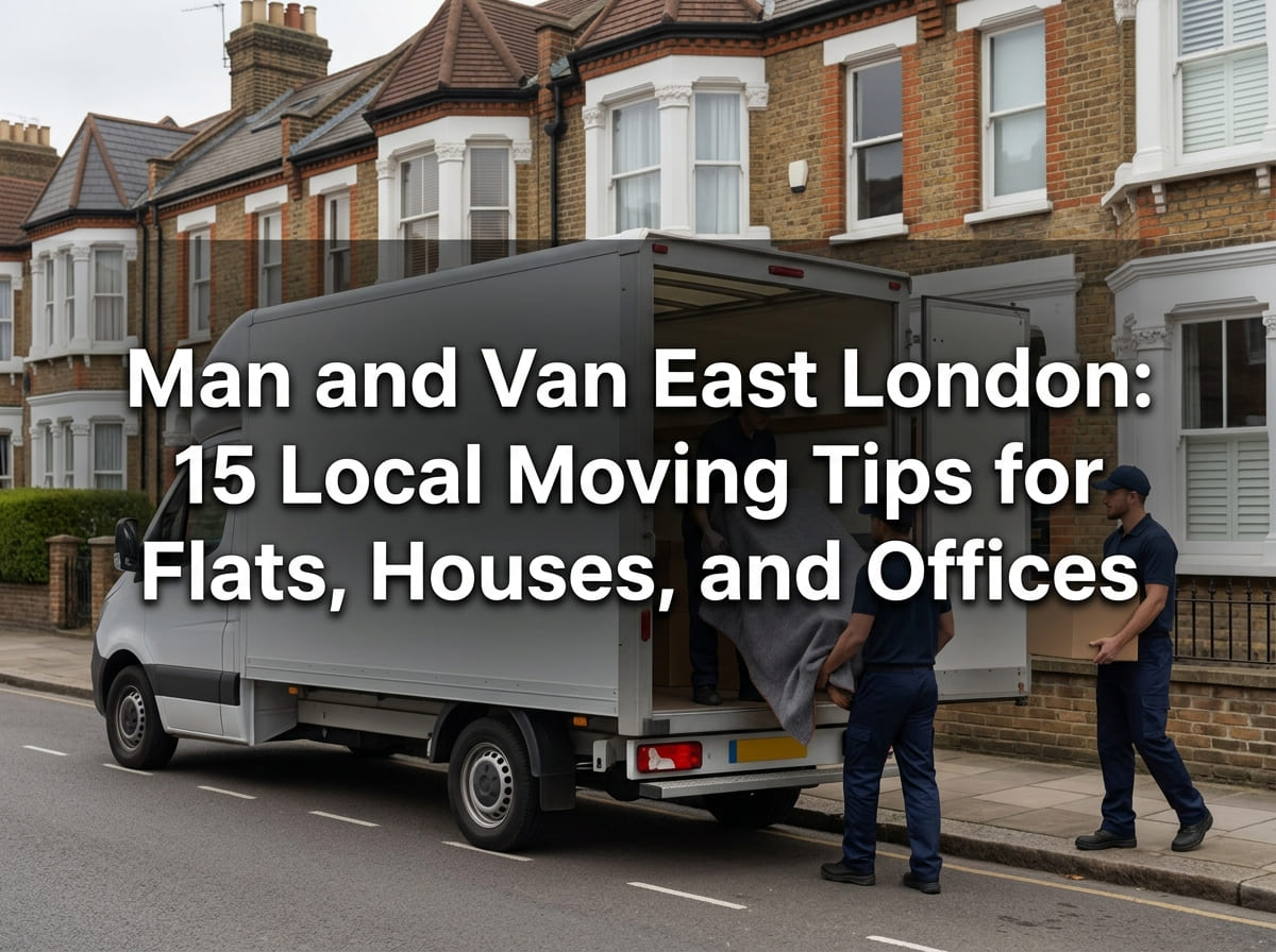 Man and van East London featured banner showing a plain Luton van and uniformed movers on a terraced East London street.