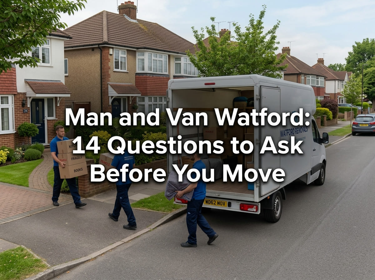Man and van Watford featured banner showing a Luton van and uniformed movers outside a suburban Watford home.
