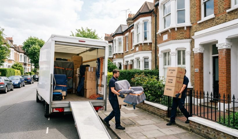 Professional man and van team loading wrapped furniture and labelled boxes into a Luton van outside a Fulham SW6 home.