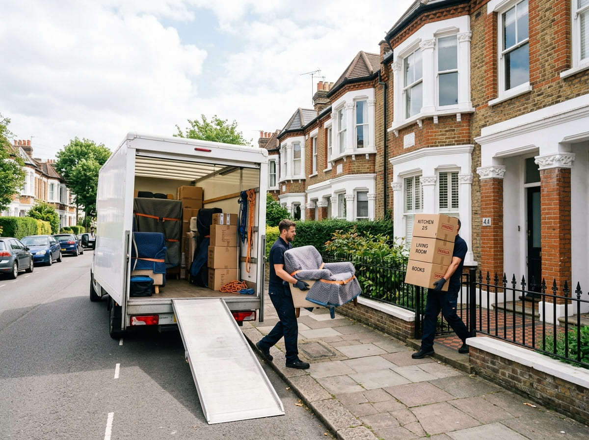 Professional man and van team loading wrapped furniture and labelled boxes into a Luton van outside a Fulham SW6 home.