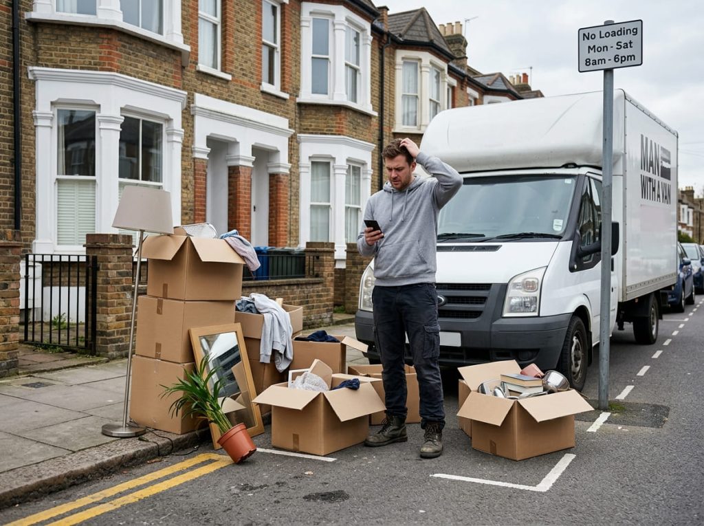 A disorganised moving scene with unfinished packing, spilled items, and a parking restriction sign illustrating common man and van mistakes.