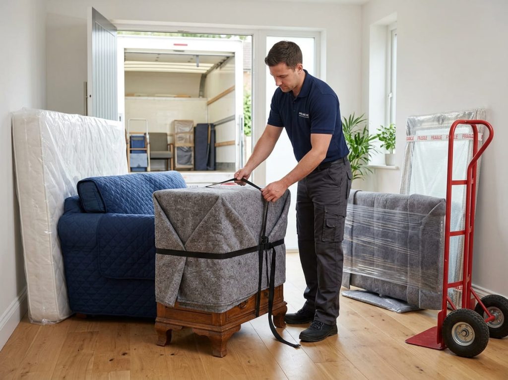 A mover wrapping furniture in protective blankets and bubble wrap with mattress covers and a trolley ready for a careful move.