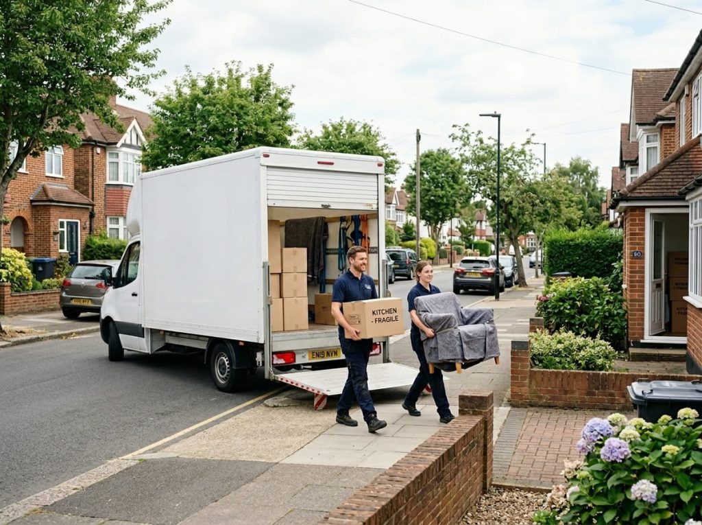 A man and van Enfield team loading boxes and wrapped furniture into a Luton van on a North London residential street.