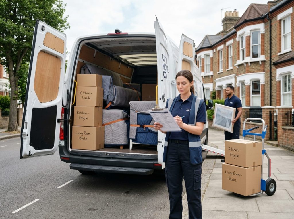 A removals coordinator checking an inventory beside a loaded van outside a London home, showing what a full house removals service includes.
