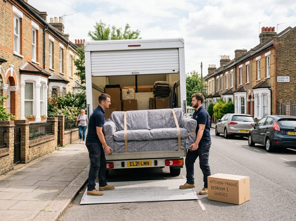 A man and van team loading a plain white Luton van on a terraced East London street.