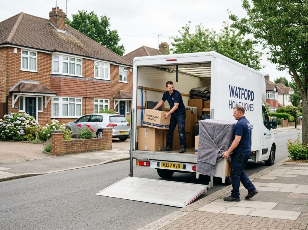 A man and van Watford team loading labelled boxes and wrapped furniture into a Luton van outside a Watford home.
