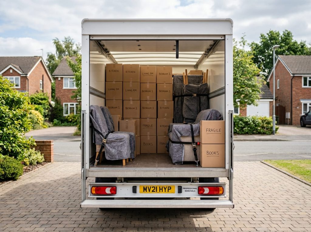A Luton van loaded with neatly stacked boxes and protected furniture for an Enfield move.