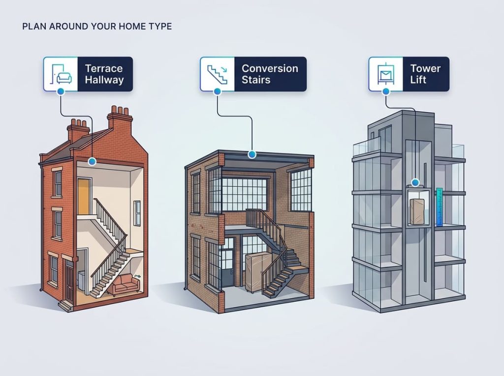 A cutaway illustration of three East London home types, a Victorian terrace hallway, a period conversion staircase, and a modern tower service lift, each showing its moving challenge.