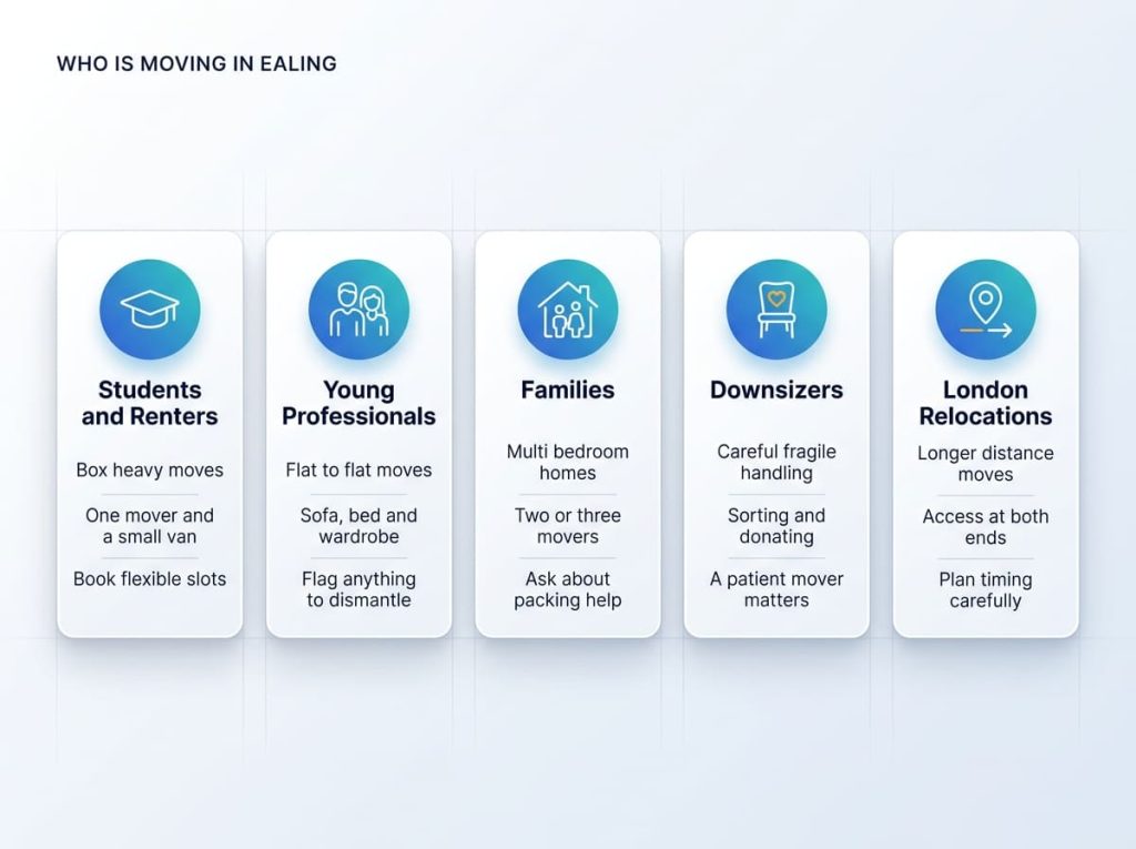 An infographic showing five types of people moving in Ealing, students, young professionals, families, downsizers, and London relocations, and what each move needs.
