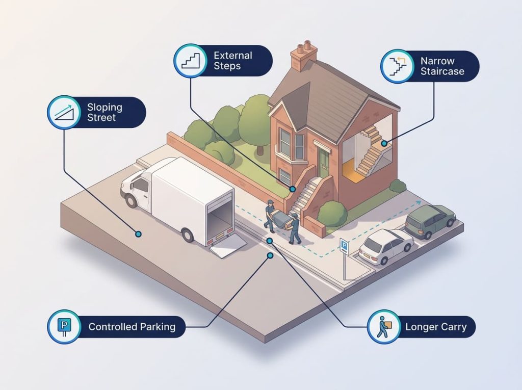 An isometric illustration of a Harrow move showing a sloping street, external steps, narrow staircase, controlled parking, and a longer carry along the pavement.
