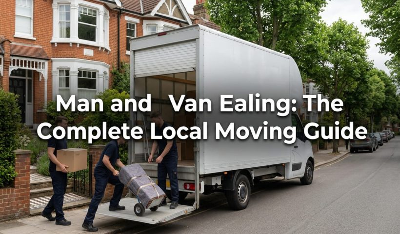 Man and van Ealing featured banner showing a plain white Luton van and two movers loading outside a red brick period villa on a leafy West London street.