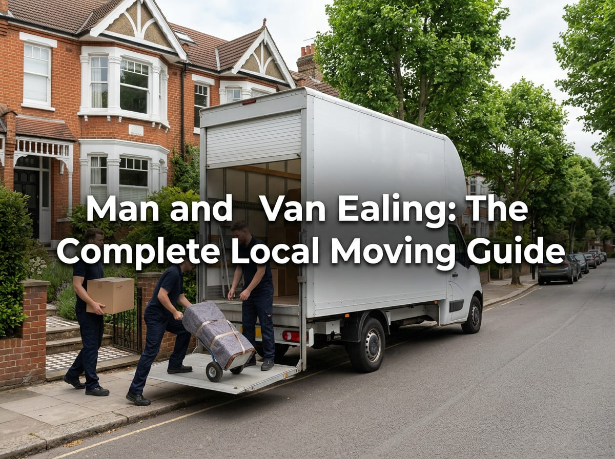 Man and van Ealing featured banner showing a plain white Luton van and two movers loading outside a red brick period villa on a leafy West London street.