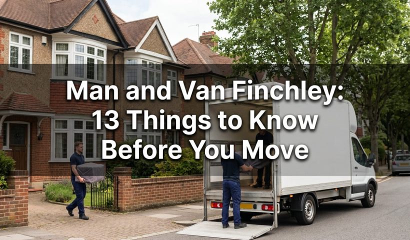 Man and van Finchley featured banner showing a plain white Luton van and two uniformed movers outside a 1930s period house on a leafy North London street.