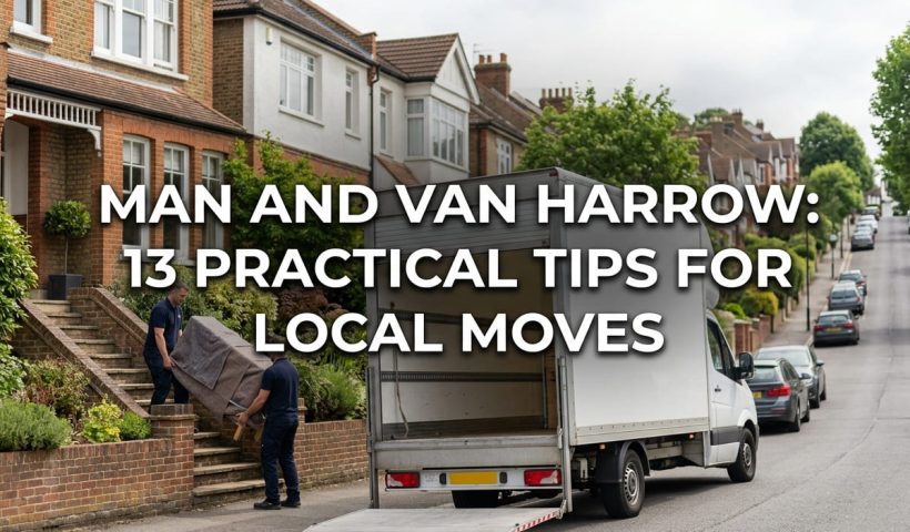 Man and van Harrow featured banner showing a plain white Luton van and two movers carrying a wrapped item up external steps on a sloping Harrow street.