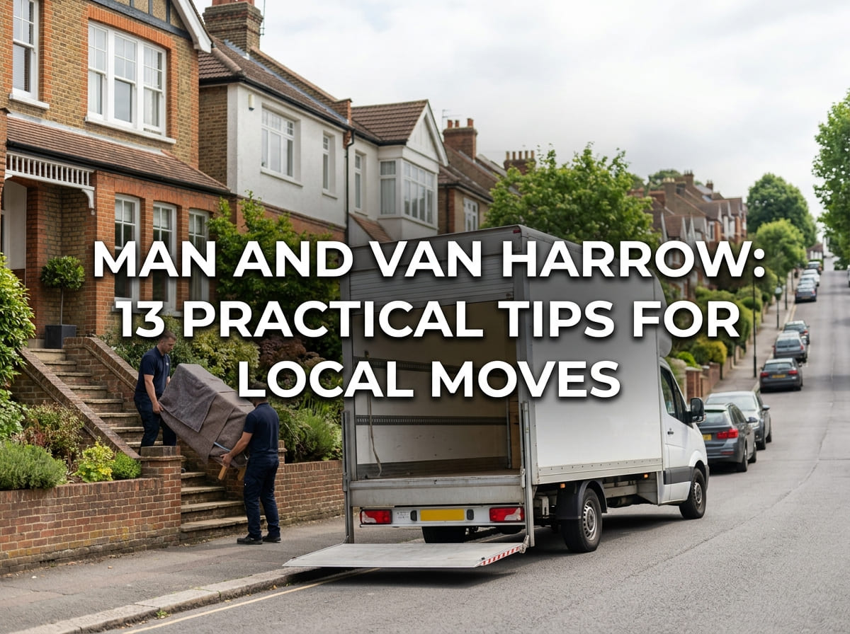 Man and van Harrow featured banner showing a plain white Luton van and two movers carrying a wrapped item up external steps on a sloping Harrow street.