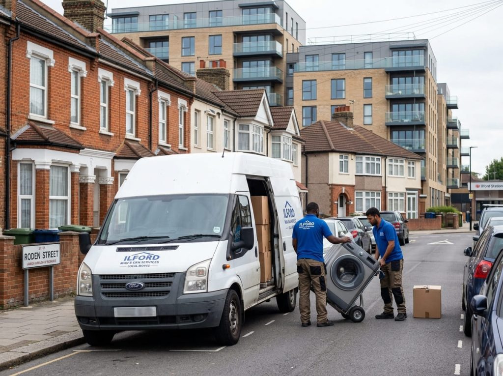 Man and van Ilford featured banner showing a plain white Luton van and two movers loading outside a bay fronted period home on an East London street.