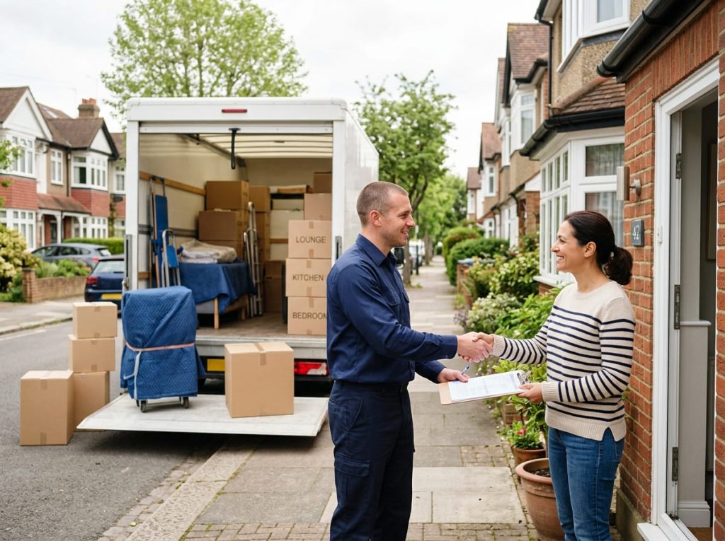 A mover and a satisfied customer beside a loaded van outside a Barnet home, illustrating a well planned and confidently booked local move.
