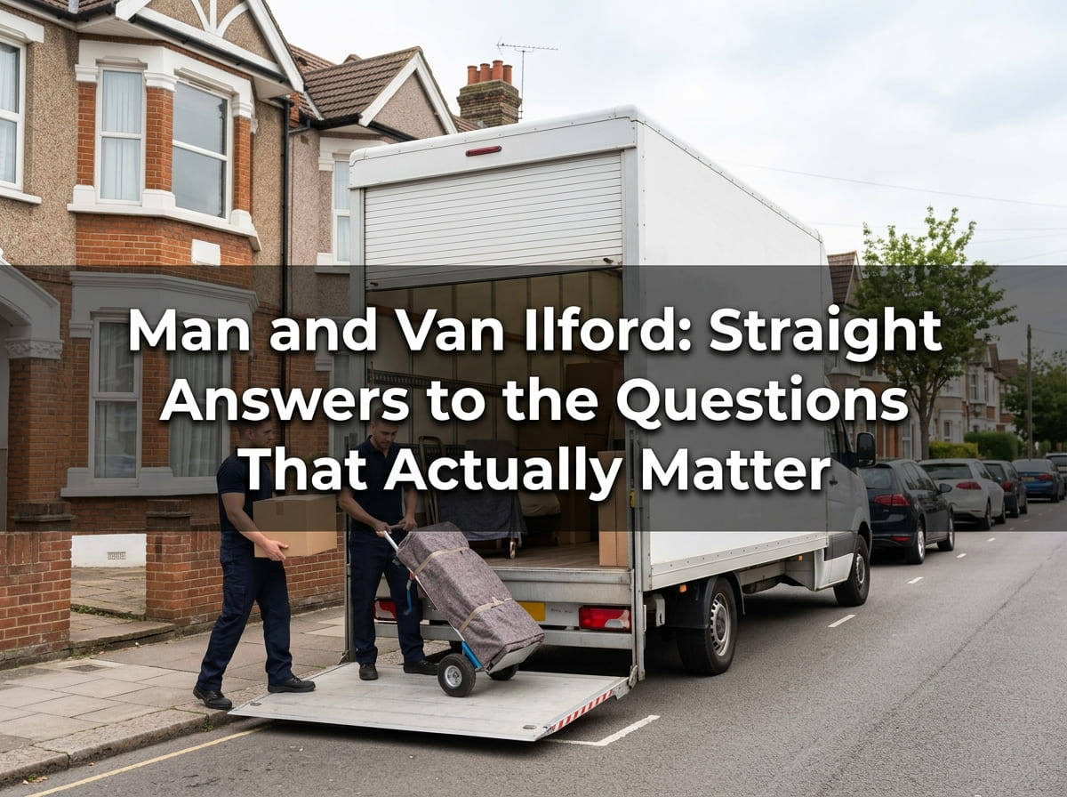 Man and van Ilford featured banner showing a plain white Luton van and two movers loading outside a bay fronted period home on an East London street.