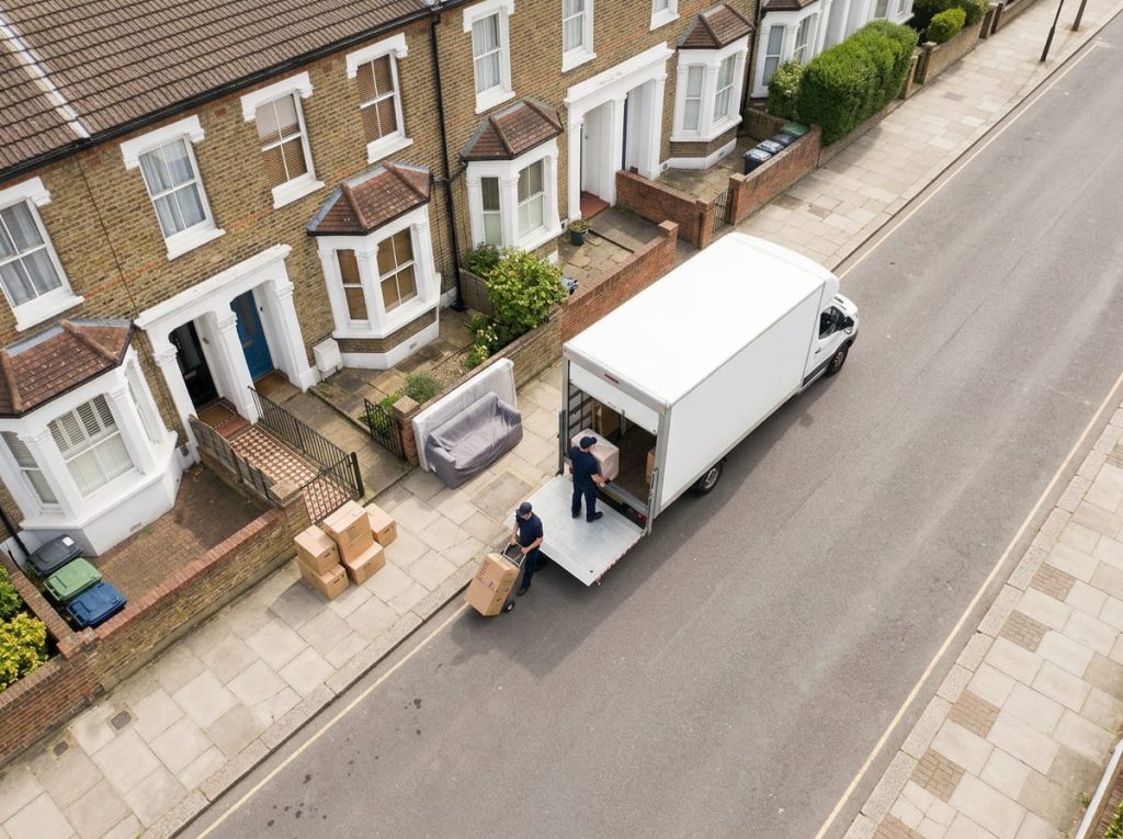A high aerial view of a tidy East London house removal, with a few wrapped items and labelled boxes on the pavement beside an unbranded removals van.