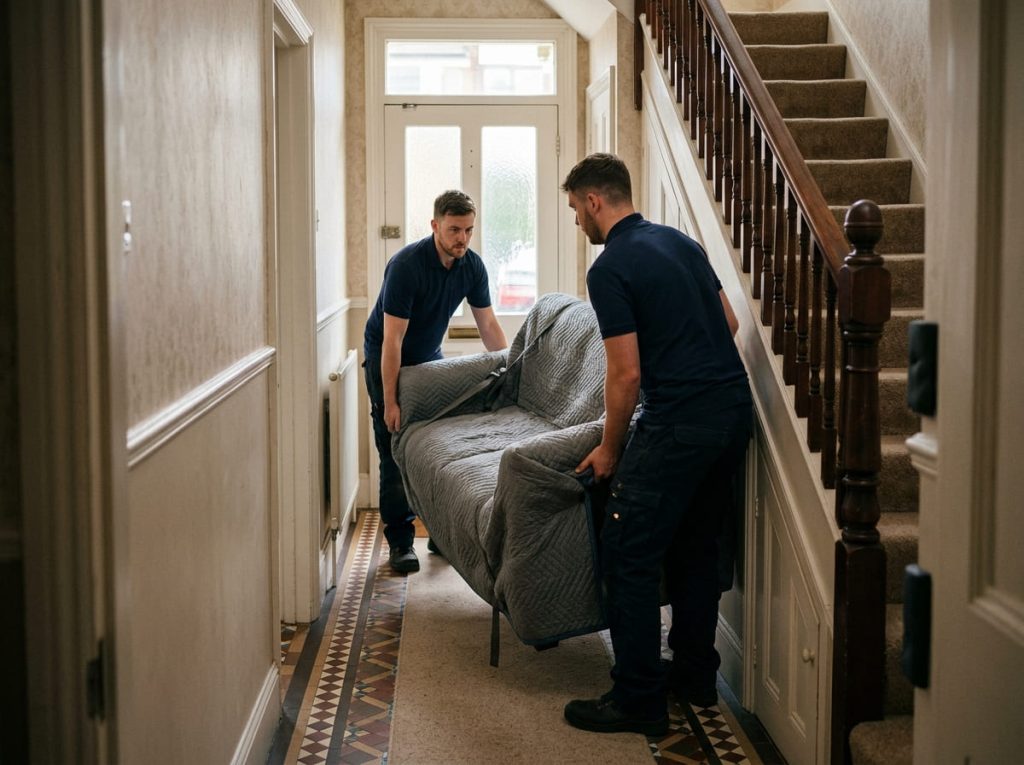 Two movers carefully manoeuvring a blanket wrapped sofa through the narrow hallway and steep stairs of a Victorian Ilford terraced house.