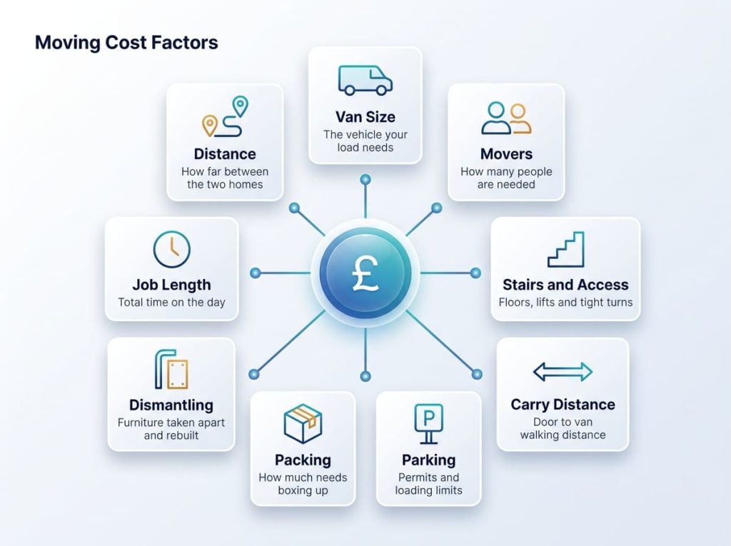 A polished infographic showing nine factors that affect the cost of a Barnet move, including distance, van size, movers, access, and packing.
