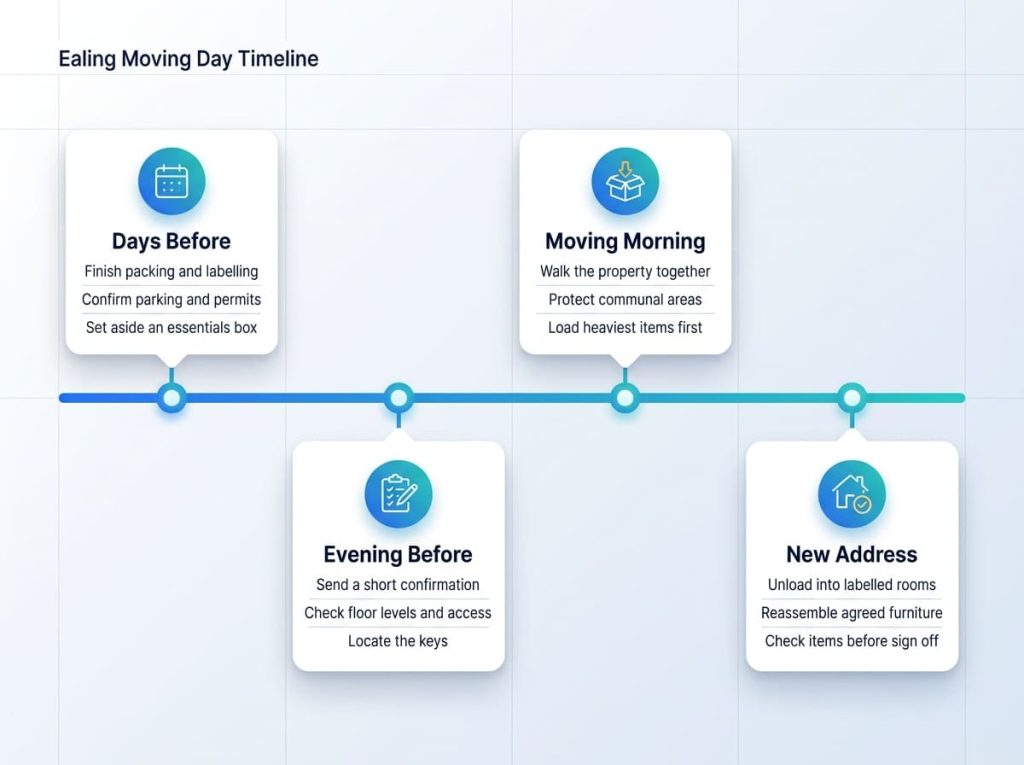 A horizontal timeline infographic showing four stages of an Ealing moving day, days before, evening before, moving morning, and arrival at the new address.
