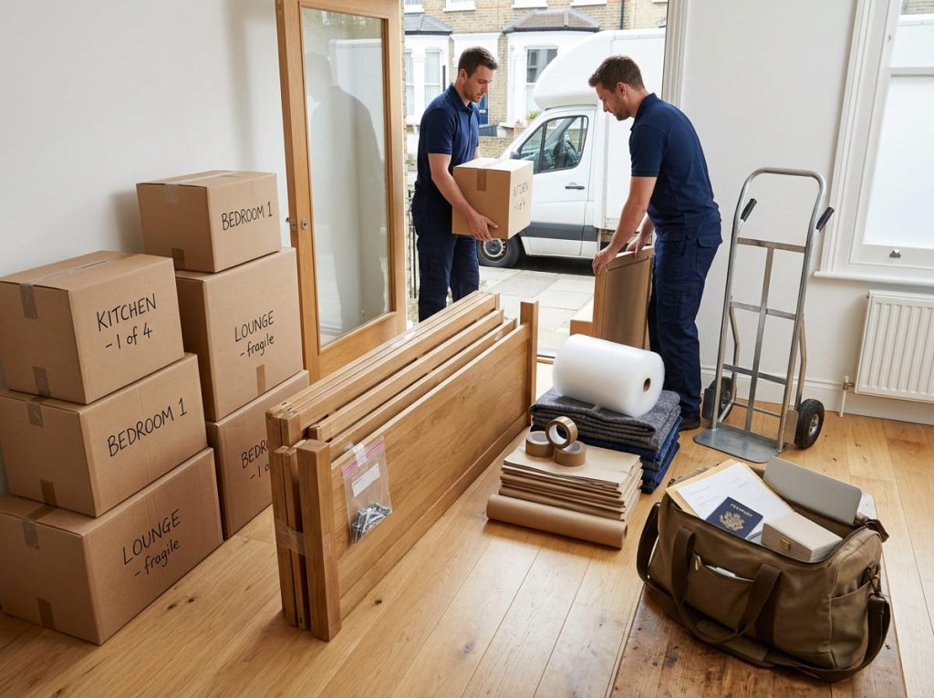 A well organised moving day scene with room labelled boxes, a dismantled wardrobe with bagged fittings, packing materials, a trolley, and a separate valuables bag by the door.
