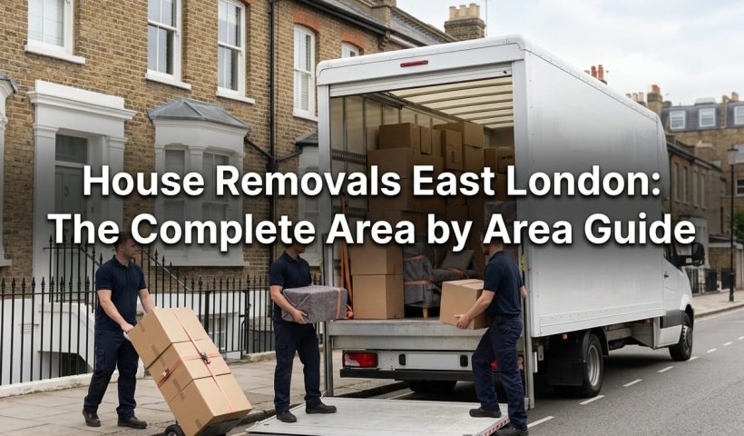 House removals East London featured banner showing a professional three person crew loading a large unbranded removals van outside a Victorian terraced townhouse.
