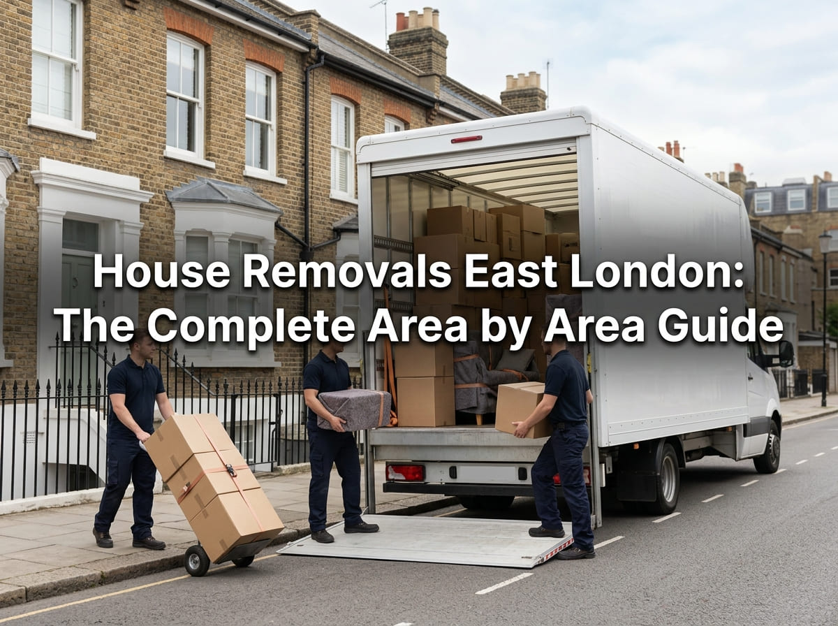 House removals East London featured banner showing a professional three person crew loading a large unbranded removals van outside a Victorian terraced townhouse.