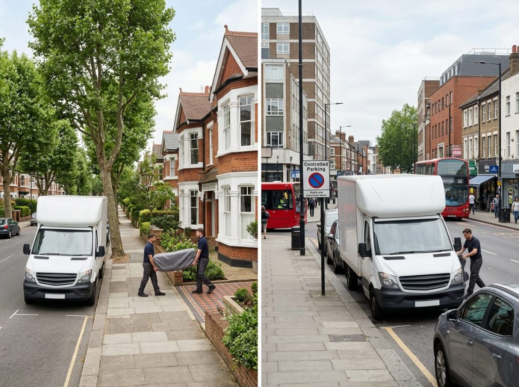 A split image of Ealing contrasting a removals van on a quiet leafy residential avenue with one on the busy congested Ealing Broadway.
