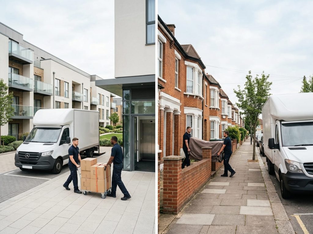 A split image contrasting a Barking man and van move from a modern Barking Riverside new build with one from an older terraced street.
